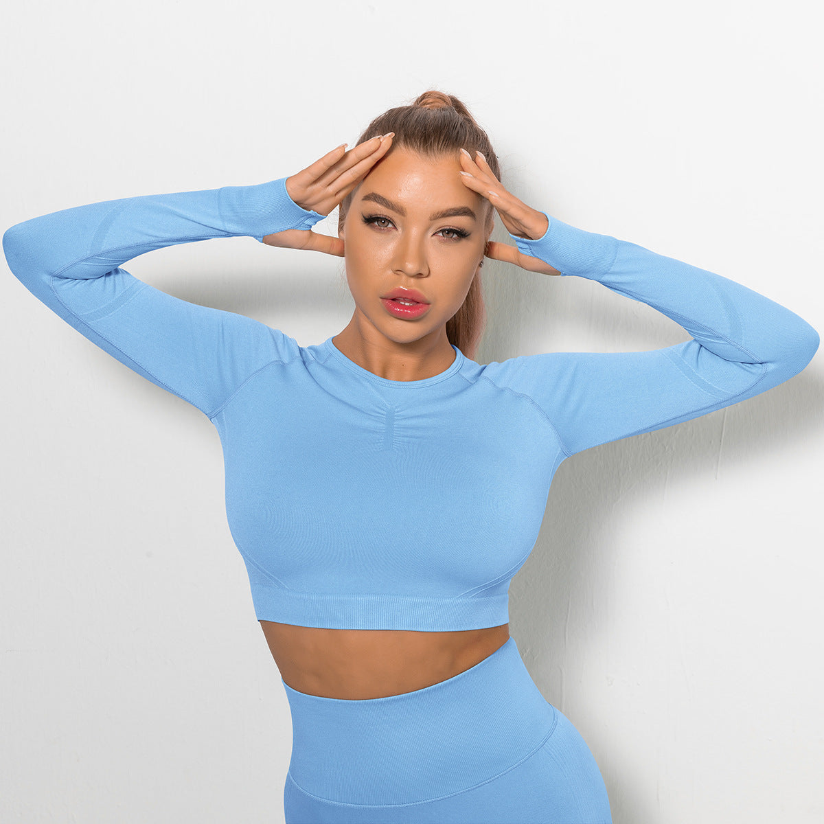Custom Sexy seamless yoga wear long sleeves High elastic pleated quick-drying long sleeve fitness yoga wear tops