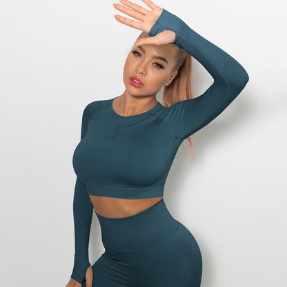 Custom Sexy seamless yoga wear long sleeves High elastic pleated quick-drying long sleeve fitness yoga wear tops