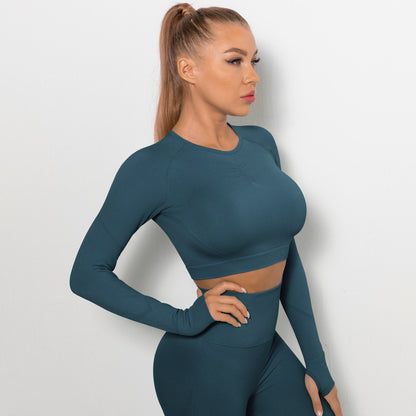 Custom Sexy seamless yoga wear long sleeves High elastic pleated quick-drying long sleeve fitness yoga wear tops
