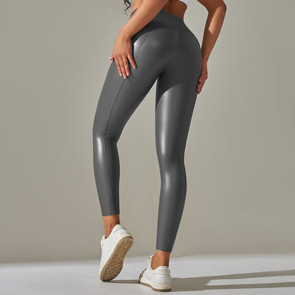 Custom Spot  cross-border PU leather pants high elasticity solid color bright black tight trousers running fitness yoga pants