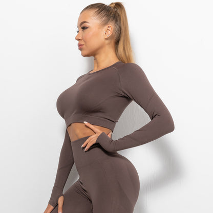 Custom Sexy seamless yoga wear long sleeves High elastic pleated quick-drying long sleeve fitness yoga wear tops