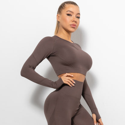Custom Sexy seamless yoga wear long sleeves High elastic pleated quick-drying long sleeve fitness yoga wear tops