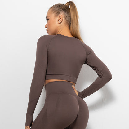 Custom Sexy seamless yoga wear long sleeves High elastic pleated quick-drying long sleeve fitness yoga wear tops