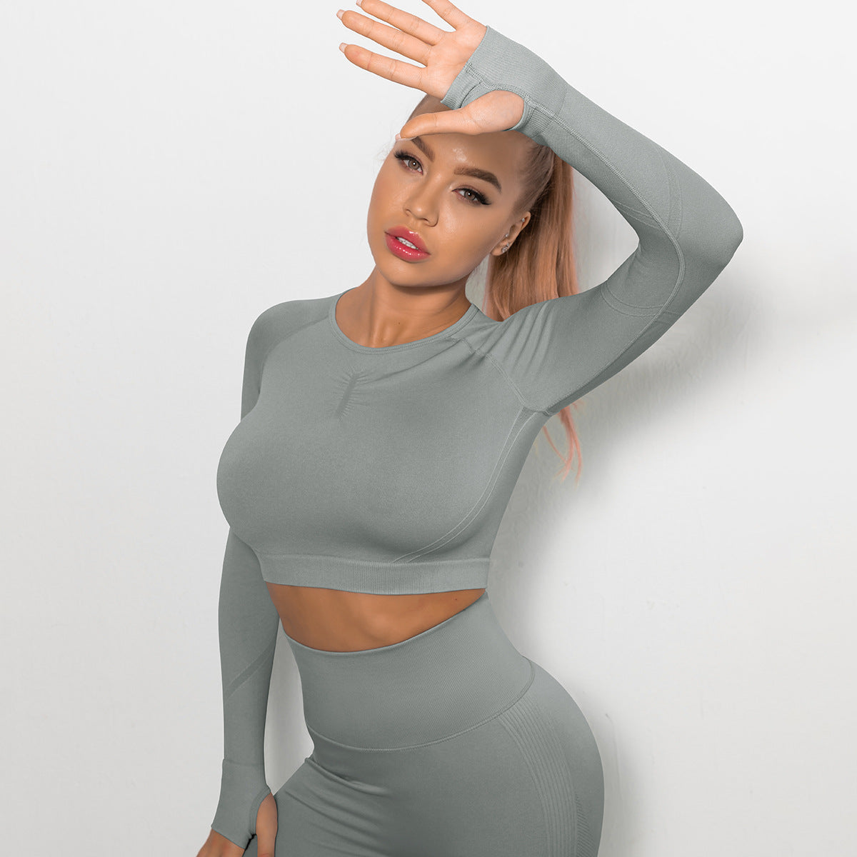 Custom Sexy seamless yoga wear long sleeves High elastic pleated quick-drying long sleeve fitness yoga wear tops