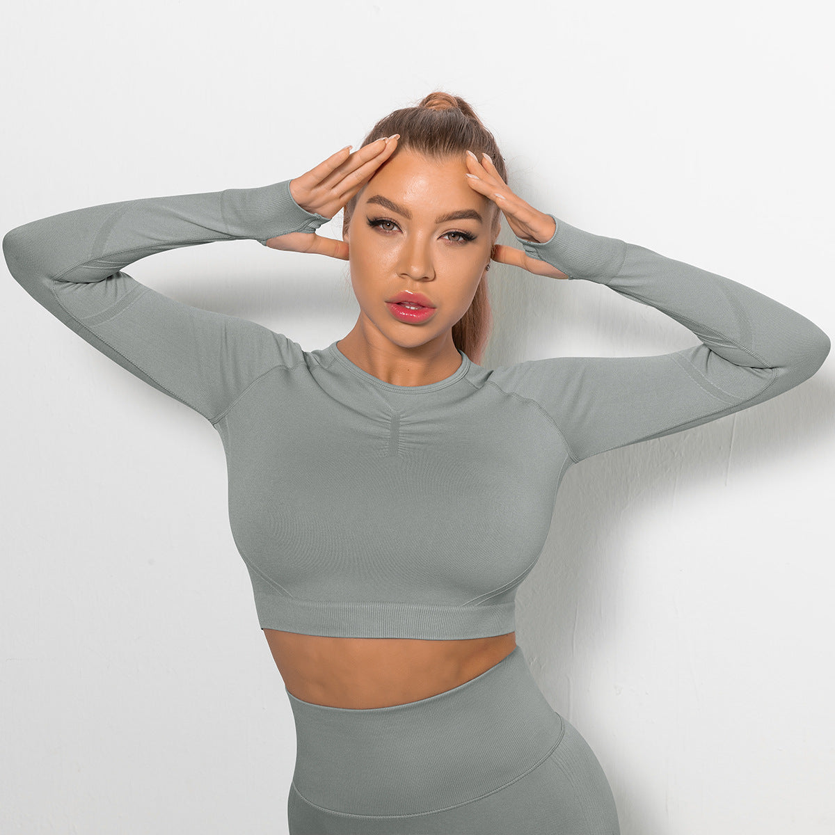 Custom Sexy seamless yoga wear long sleeves High elastic pleated quick-drying long sleeve fitness yoga wear tops
