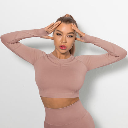 Custom Sexy seamless yoga wear long sleeves High elastic pleated quick-drying long sleeve fitness yoga wear tops