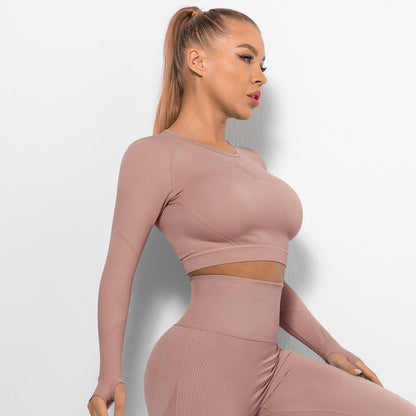 Custom Sexy seamless yoga wear long sleeves High elastic pleated quick-drying long sleeve fitness yoga wear tops