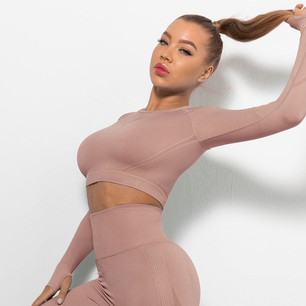 Custom Sexy seamless yoga wear long sleeves High elastic pleated quick-drying long sleeve fitness yoga wear tops