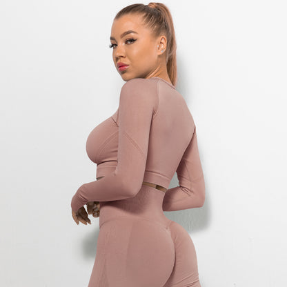 Custom Sexy seamless yoga wear long sleeves High elastic pleated quick-drying long sleeve fitness yoga wear tops