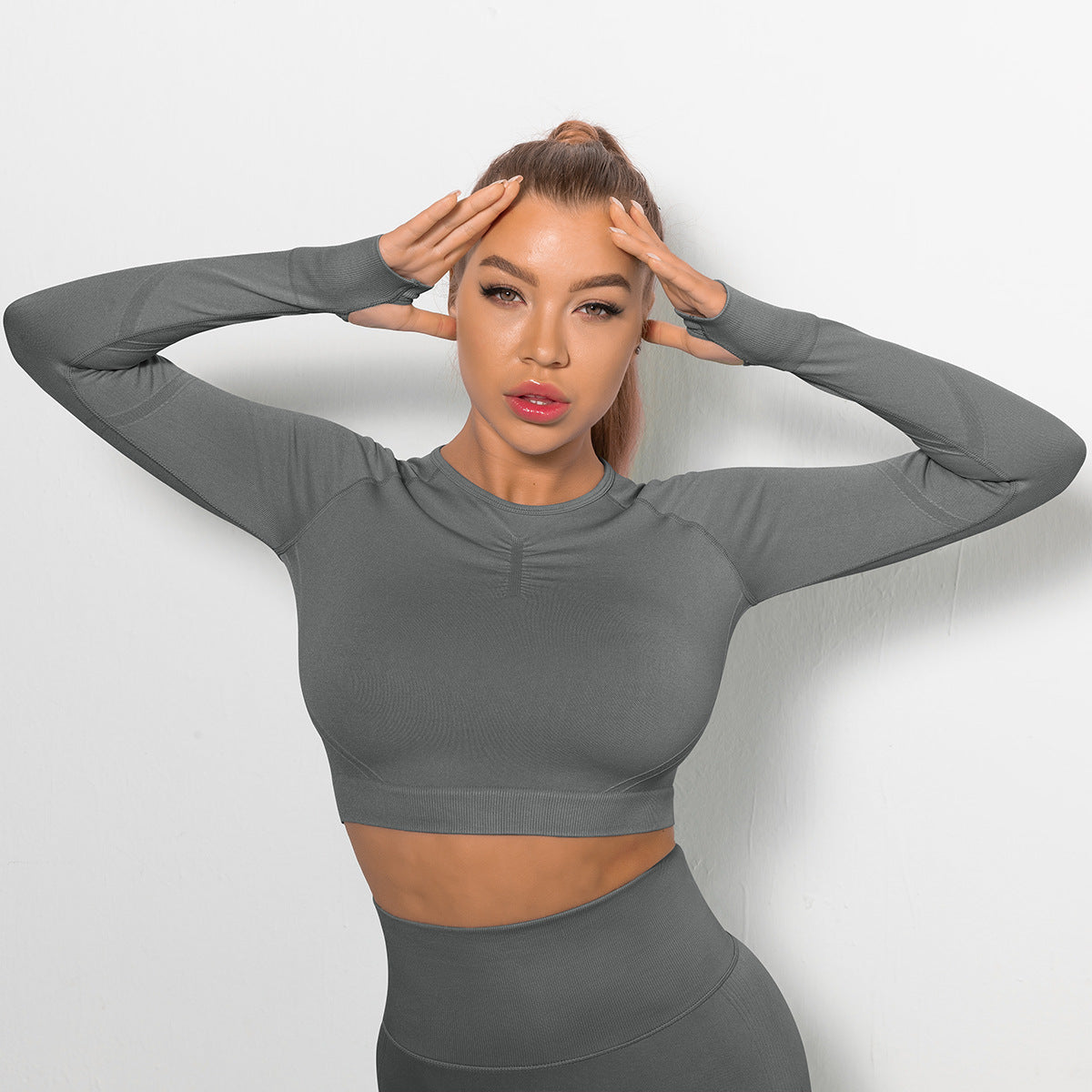 Custom Sexy seamless yoga wear long sleeves High elastic pleated quick-drying long sleeve fitness yoga wear tops
