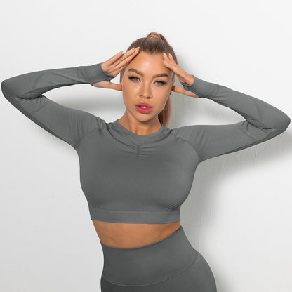 Custom Sexy seamless yoga wear long sleeves High elastic pleated quick-drying long sleeve fitness yoga wear tops