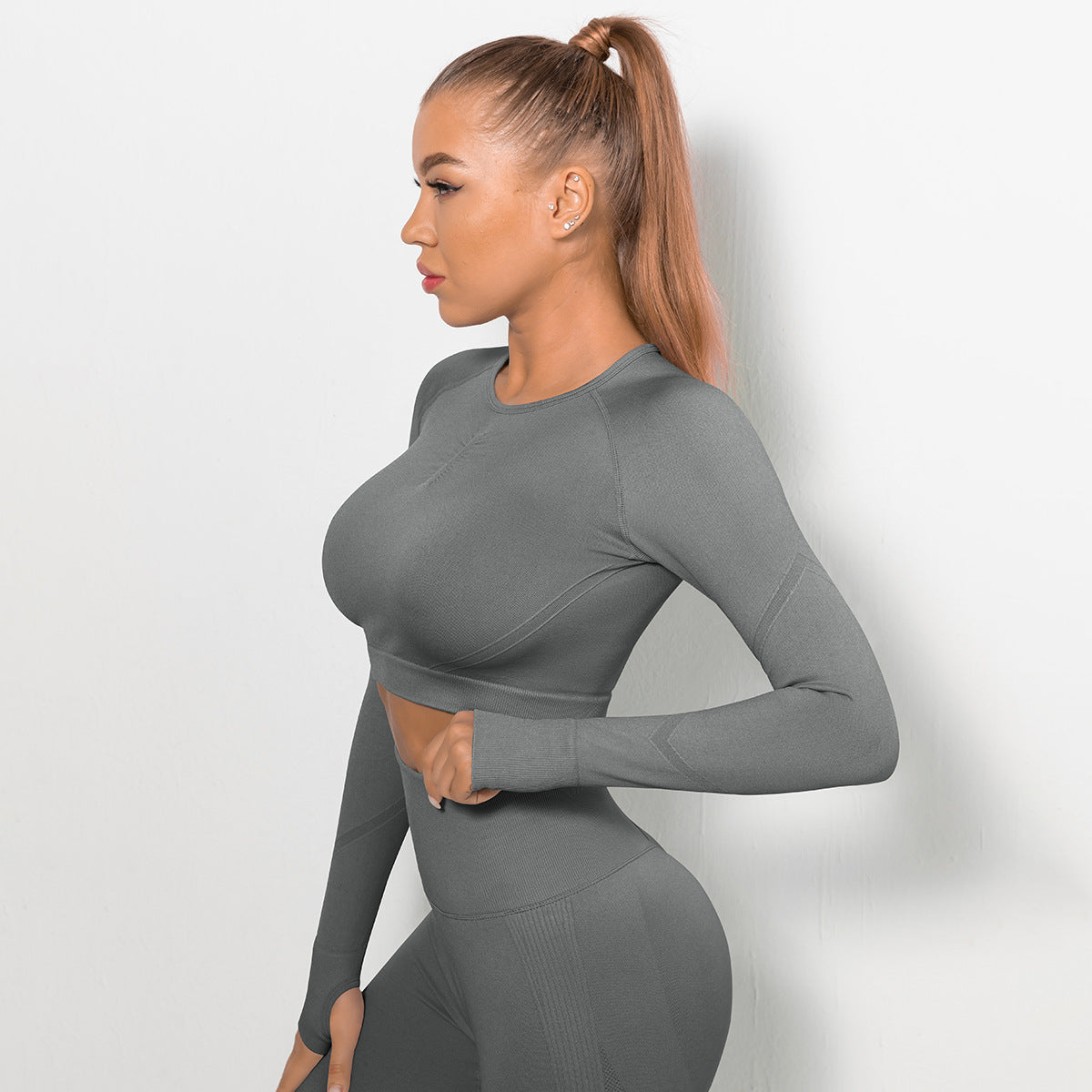 Custom Sexy seamless yoga wear long sleeves High elastic pleated quick-drying long sleeve fitness yoga wear tops