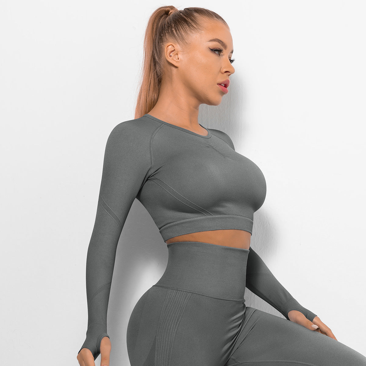 Custom Sexy seamless yoga wear long sleeves High elastic pleated quick-drying long sleeve fitness yoga wear tops