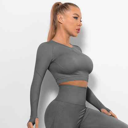 Custom Sexy seamless yoga wear long sleeves High elastic pleated quick-drying long sleeve fitness yoga wear tops