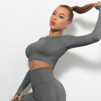 Custom Sexy seamless yoga wear long sleeves High elastic pleated quick-drying long sleeve fitness yoga wear tops