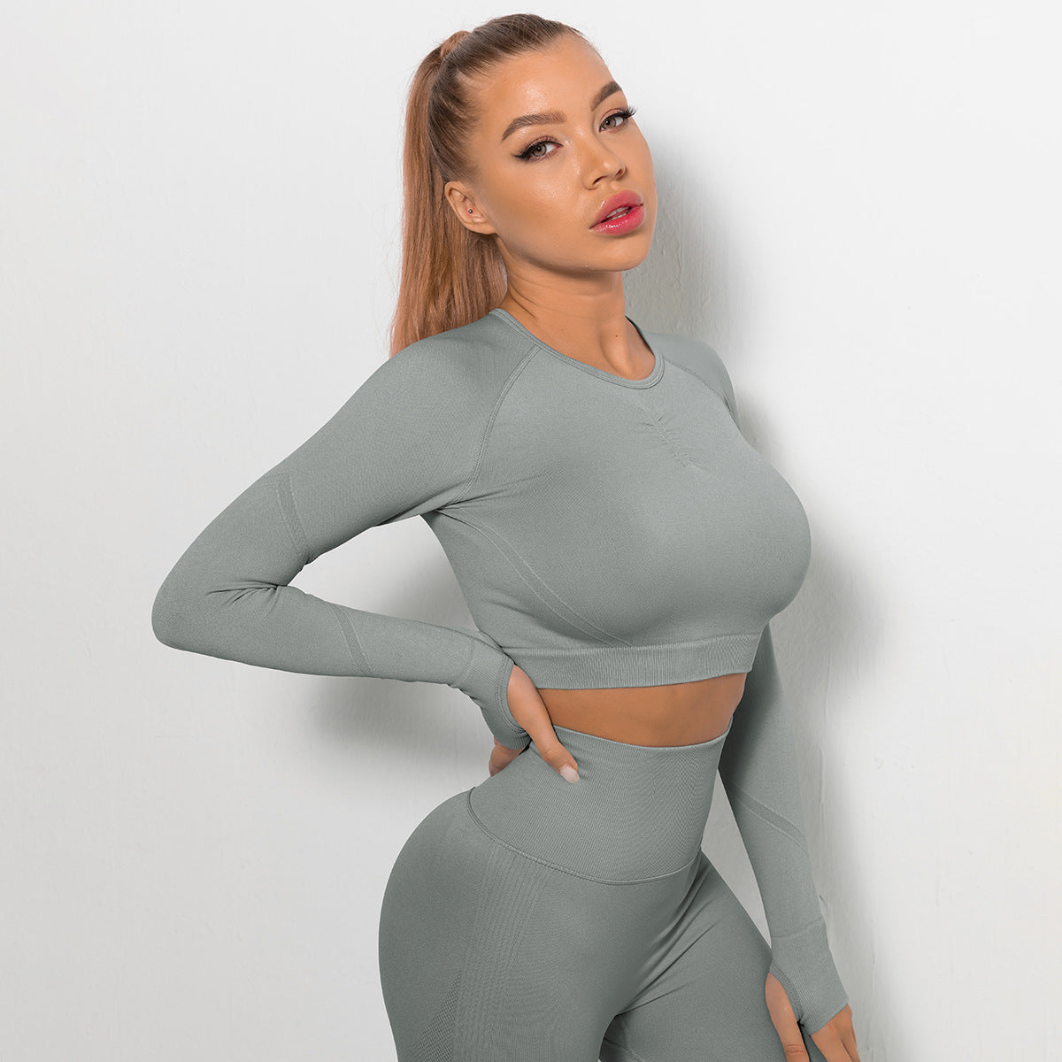 Custom Sexy seamless yoga wear long sleeves High elastic pleated quick-drying long sleeve fitness yoga wear tops