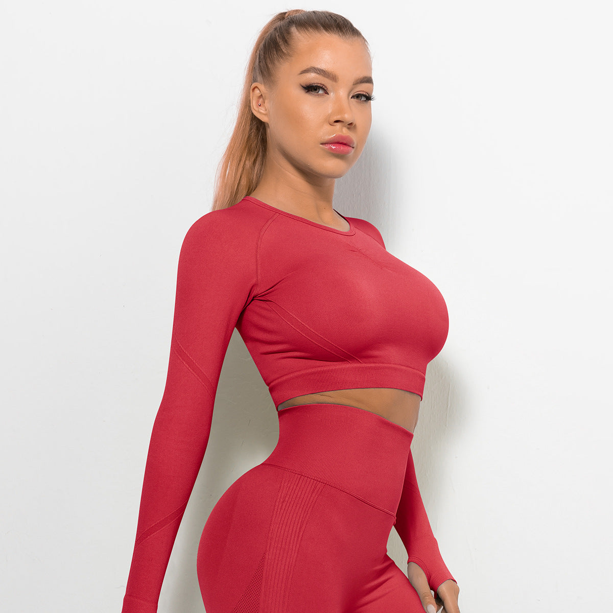 Custom Sexy seamless yoga wear long sleeves High elastic pleated quick-drying long sleeve fitness yoga wear tops