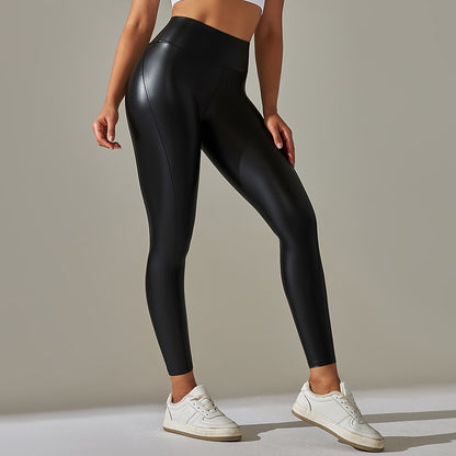 Custom Spot  cross-border PU leather pants high elasticity solid color bright black tight trousers running fitness yoga pants