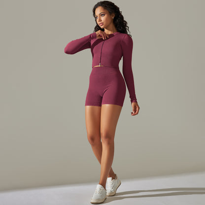 Seamless Yoga Clothes Running Fitness Zipper Top Hip-Lifting Tight Shorts Quick-Drying Sports Suit Women