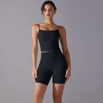 Custom double-sided brocade comfortable skin-friendly nude sports camisole vest hip-lifting fitness yoga pants bra shorts set