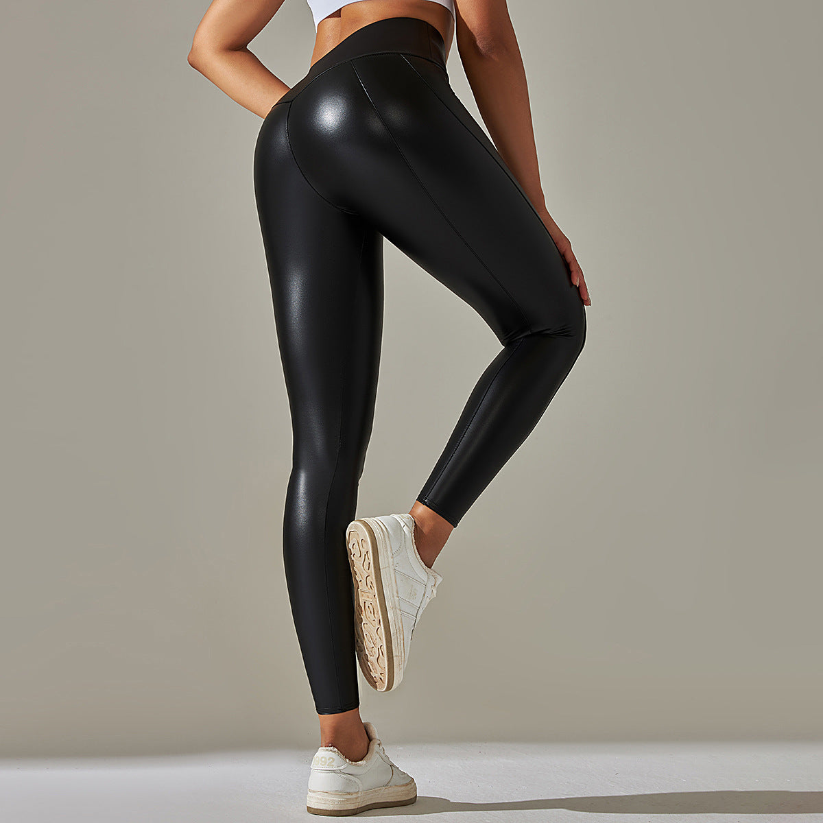 Custom Spot  cross-border PU leather pants high elasticity solid color bright black tight trousers running fitness yoga pants