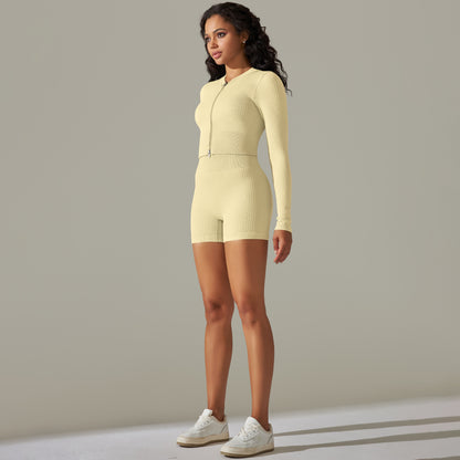 Seamless Yoga Clothes Running Fitness Zipper Top Hip-Lifting Tight Shorts Quick-Drying Sports Suit Women