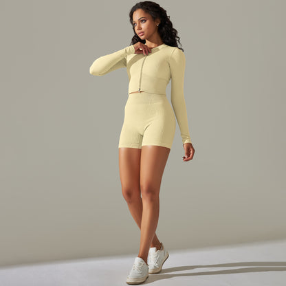 Seamless Yoga Clothes Running Fitness Zipper Top Hip-Lifting Tight Shorts Quick-Drying Sports Suit Women