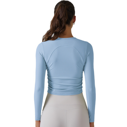 Custom Seamless solid color threaded pleated slim casual top fitness sports yoga clothes moisture-absorbing long sleeves for women