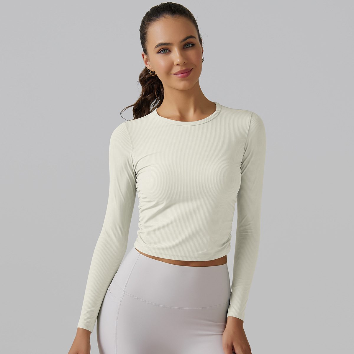 Custom Seamless solid color threaded pleated slim casual top fitness sports yoga clothes moisture-absorbing long sleeves for women