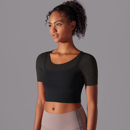 Custom Pure color splicing mesh sexy double layer short sleeve suspenders gathered bra running fitness yoga clothes tops for women