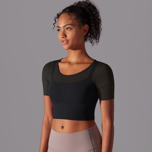 Custom Pure color splicing mesh sexy double layer short sleeve suspenders gathered bra running fitness yoga clothes tops for women