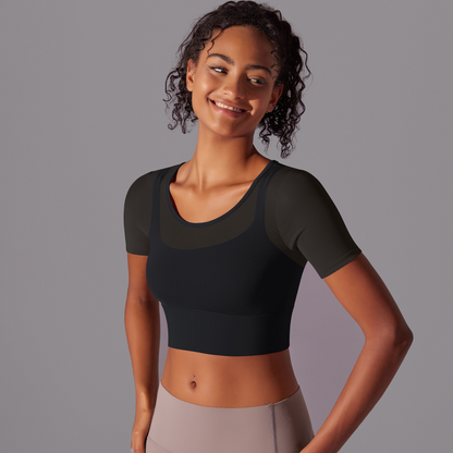 Custom Pure color splicing mesh sexy double layer short sleeve suspenders gathered bra running fitness yoga clothes tops for women