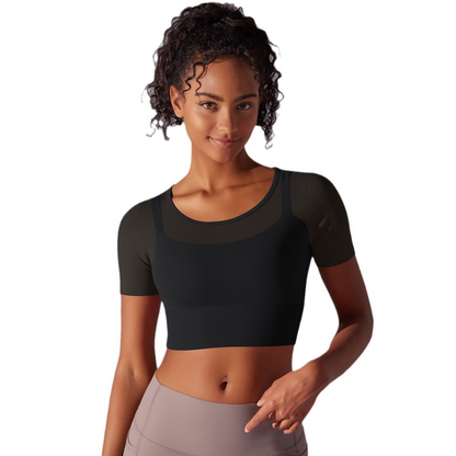Custom Pure color splicing mesh sexy double layer short sleeve suspenders gathered bra running fitness yoga clothes tops for women