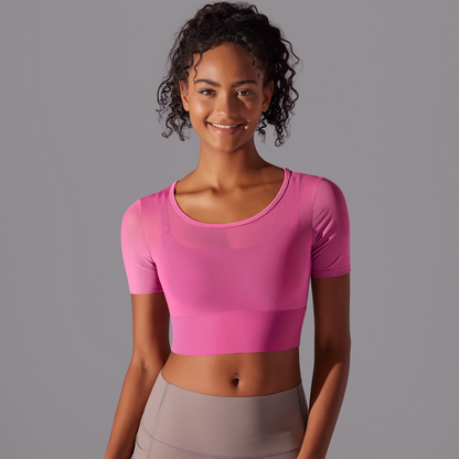Custom Pure color splicing mesh sexy double layer short sleeve suspenders gathered bra running fitness yoga clothes tops for women
