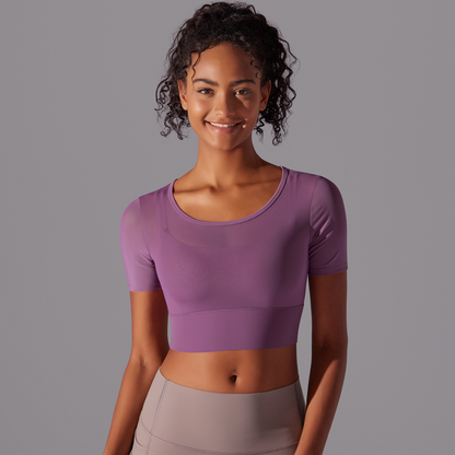 Custom Pure color splicing mesh sexy double layer short sleeve suspenders gathered bra running fitness yoga clothes tops for women