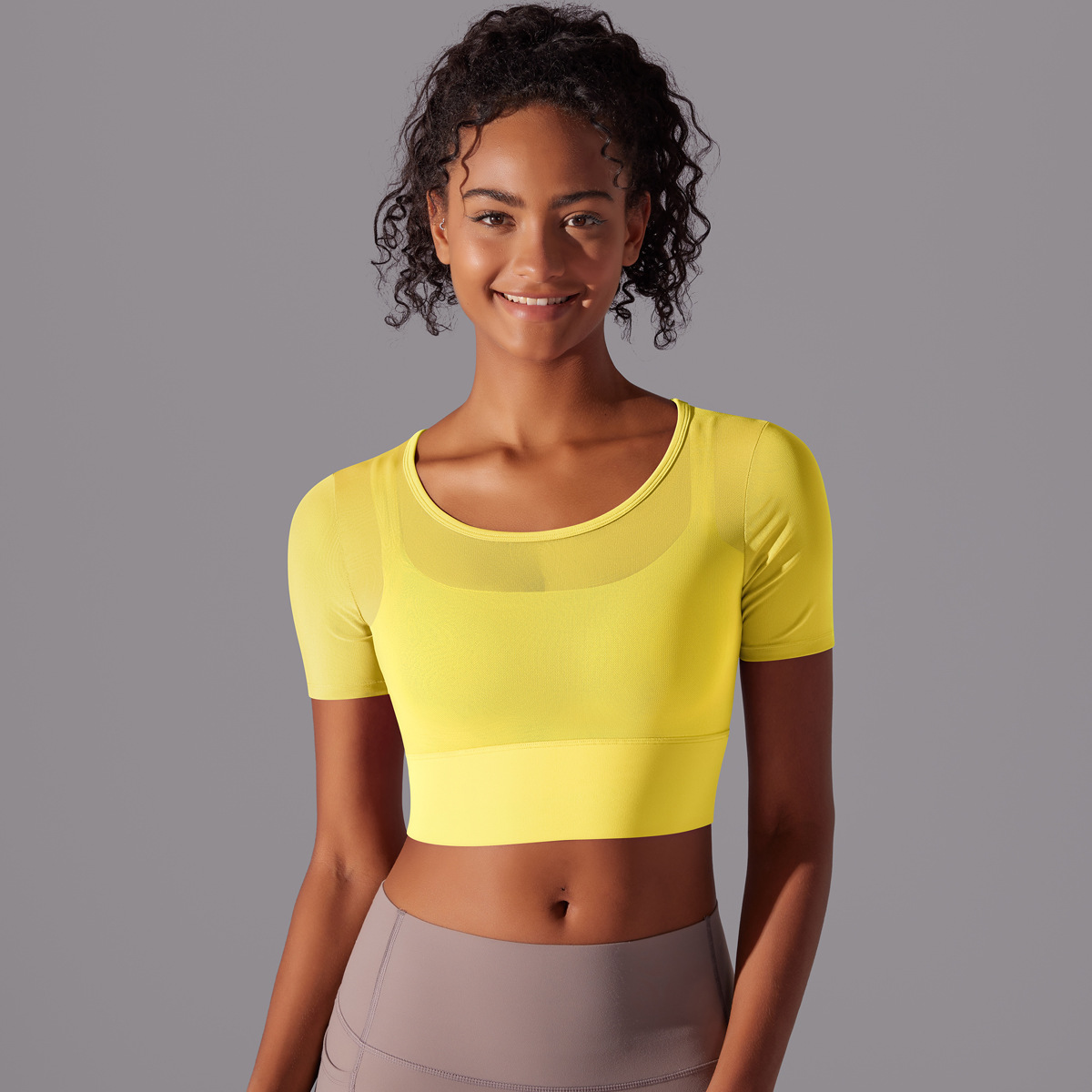 Custom Pure color splicing mesh sexy double layer short sleeve suspenders gathered bra running fitness yoga clothes tops for women