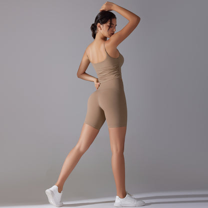 Custom double-sided brocade comfortable skin-friendly nude sports camisole vest hip-lifting fitness yoga pants bra shorts set