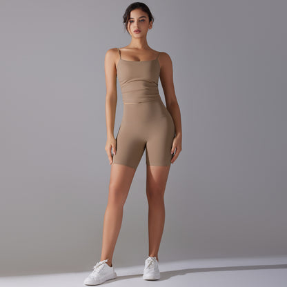 Custom double-sided brocade comfortable skin-friendly nude sports camisole vest hip-lifting fitness yoga pants bra shorts set