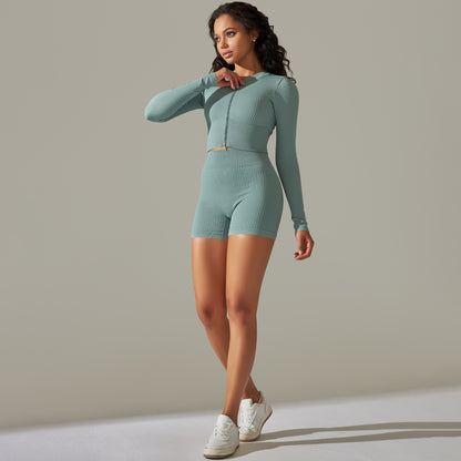 Seamless Yoga Clothes Running Fitness Zipper Top Hip-Lifting Tight Shorts Quick-Drying Sports Suit Women
