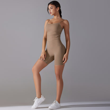Custom double-sided brocade comfortable skin-friendly nude sports camisole vest hip-lifting fitness yoga pants bra shorts set