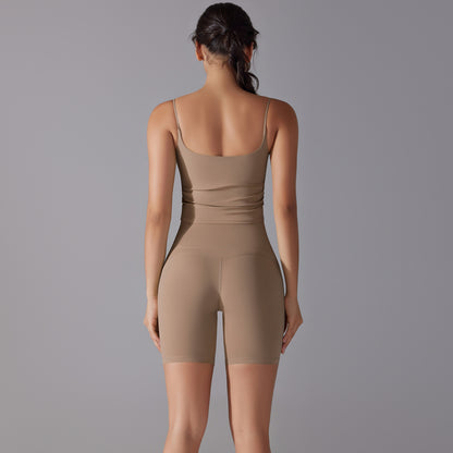 Custom double-sided brocade comfortable skin-friendly nude sports camisole vest hip-lifting fitness yoga pants bra shorts set
