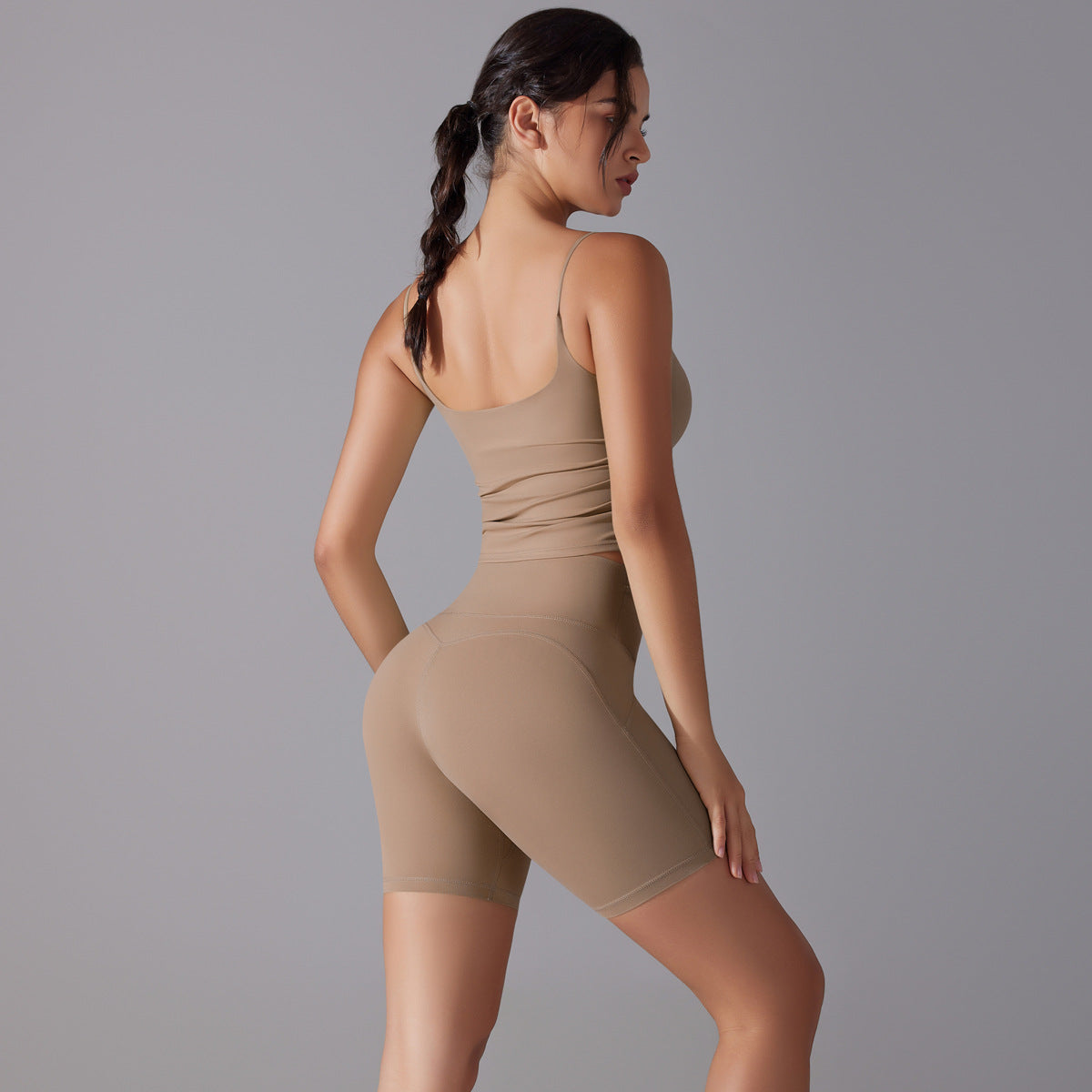 Custom double-sided brocade comfortable skin-friendly nude sports camisole vest hip-lifting fitness yoga pants bra shorts set