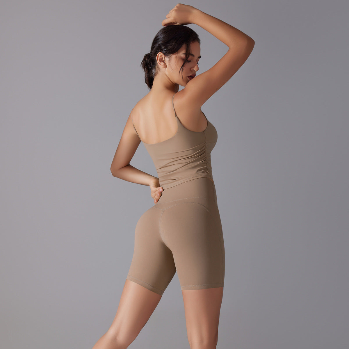 Custom double-sided brocade comfortable skin-friendly nude sports camisole vest hip-lifting fitness yoga pants bra shorts set