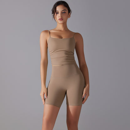 Custom double-sided brocade comfortable skin-friendly nude sports camisole vest hip-lifting fitness yoga pants bra shorts set