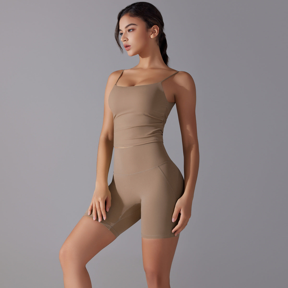 Custom double-sided brocade comfortable skin-friendly nude sports camisole vest hip-lifting fitness yoga pants bra shorts set