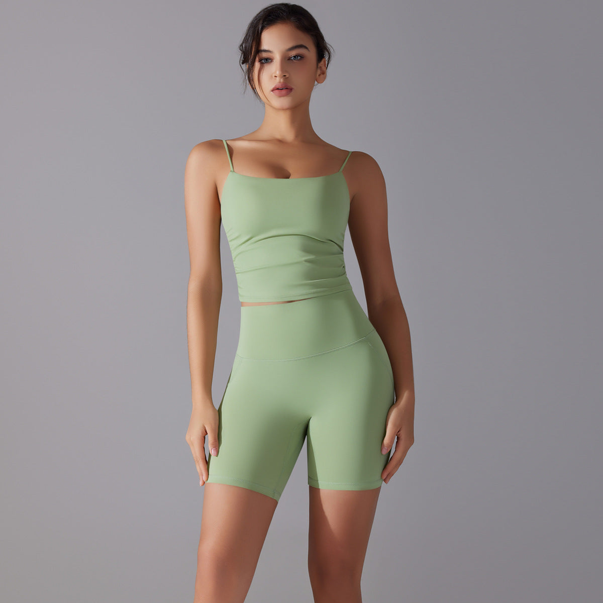 Custom double-sided brocade comfortable skin-friendly nude sports camisole vest hip-lifting fitness yoga pants bra shorts set