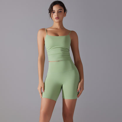 Custom double-sided brocade comfortable skin-friendly nude sports camisole vest hip-lifting fitness yoga pants bra shorts set