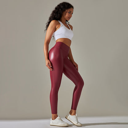 Custom Spot  cross-border PU leather pants high elasticity solid color bright black tight trousers running fitness yoga pants