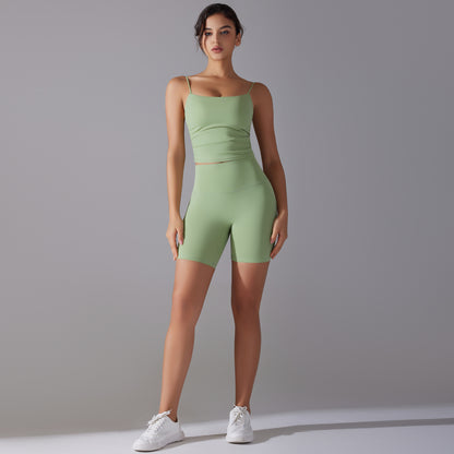 Custom double-sided brocade comfortable skin-friendly nude sports camisole vest hip-lifting fitness yoga pants bra shorts set