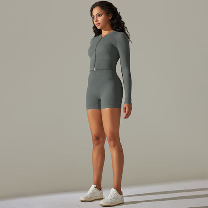 Seamless Yoga Clothes Running Fitness Zipper Top Hip-Lifting Tight Shorts Quick-Drying Sports Suit Women